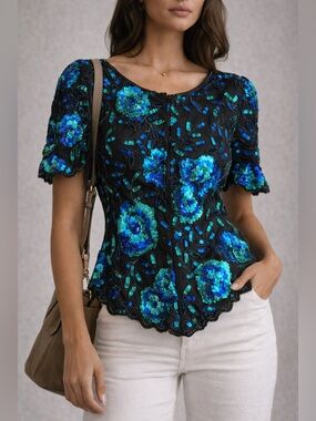 Lawrence Kazar 100% Liquid Silk Sequin Floral Top Black & Blue Evening Blouse M